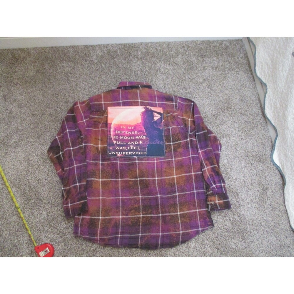 Angry Minnow Flannel Shirt Purple Plaid “In My Defense The Moon Was Full” Men L